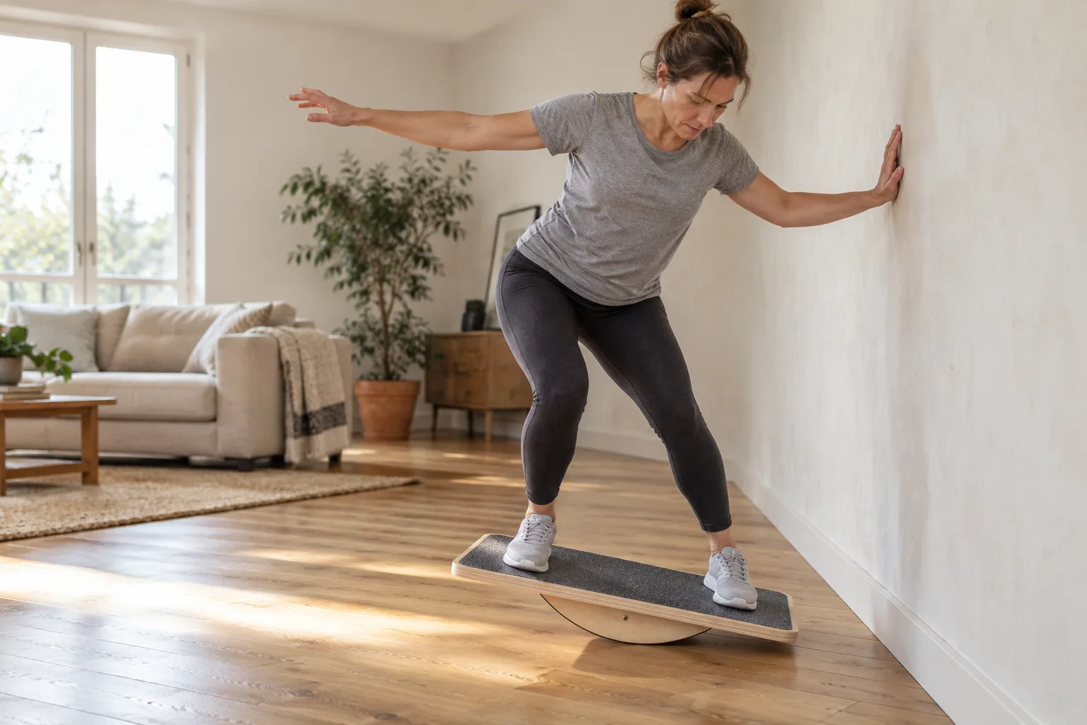 A woman on a wooden balance board catching her balance: one arm swung out wide with the fingers spread, the other hand braced flat against the wall beside her, the board tipped hard onto one long edge.