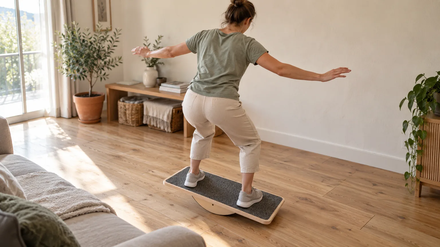 Seen from behind and a little above, a woman stands on a wooden balance board with her arms lifted out sideways; the board tilts on the curved rail visible beneath it while staying level across its width.